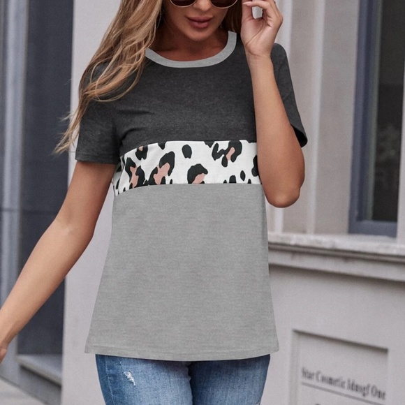 Boho Leopard Print Color Block Tee Top - Picture 10 of 10
